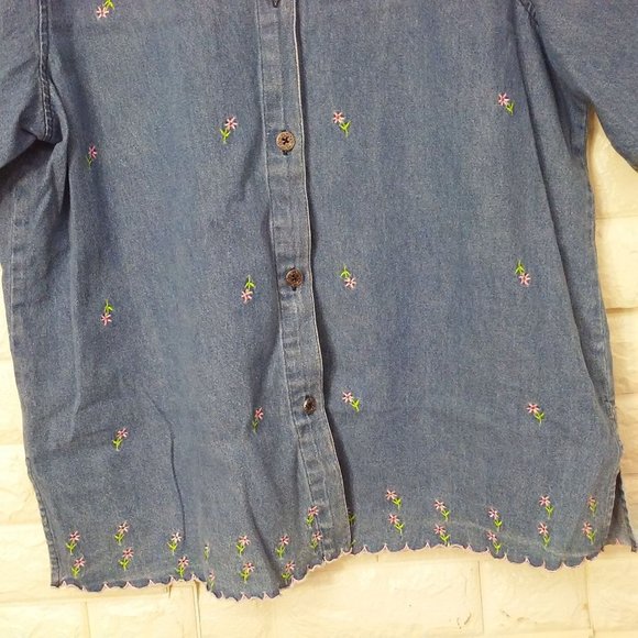 Vintage 80s Toffee Apple Denim Shirt -L Embroidered Daisies Button-Up Vents SS - Picture 4 of 10